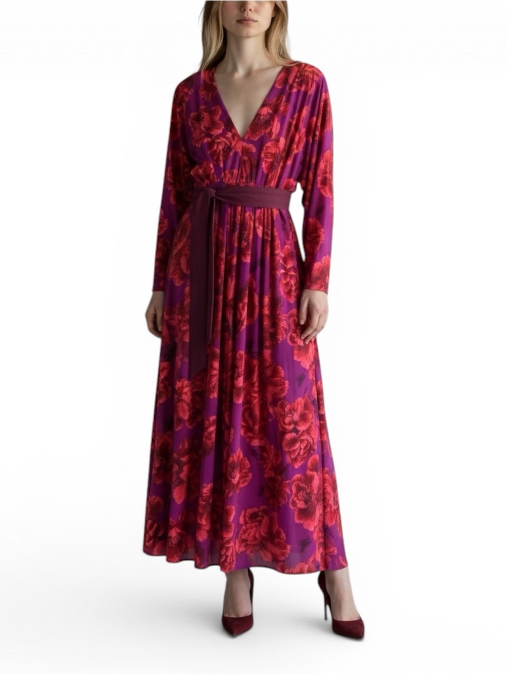 CrossKrafts Floral Maxi Dress 1X Red Purple Belted Handmade Stretch